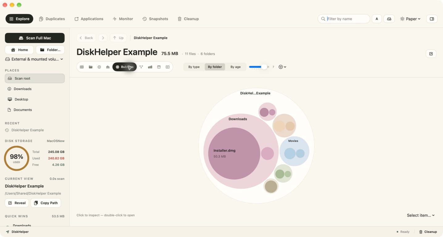 DiskHelper bubble chart with nested circles representing folder sizes.