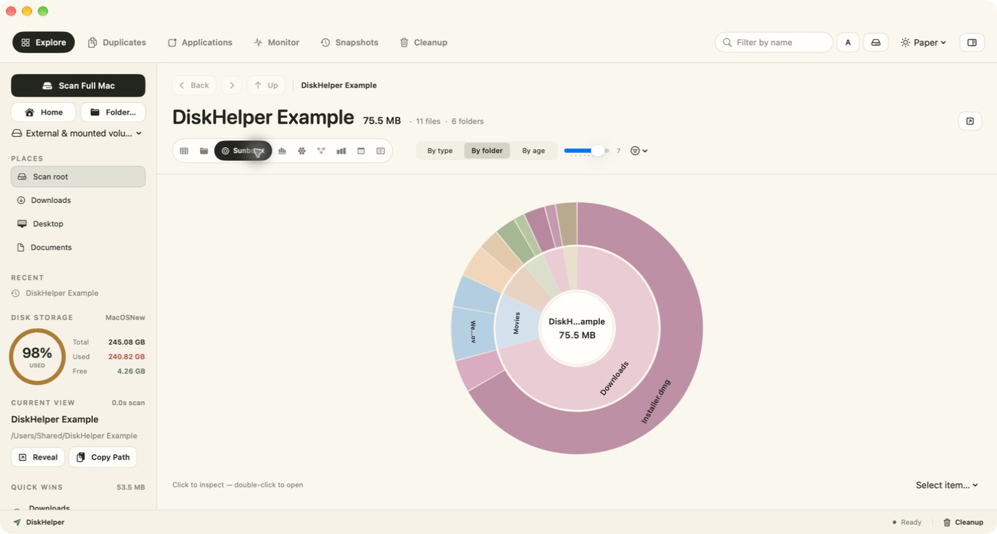 DiskHelper sunburst chart with concentric rings representing folder depth.
