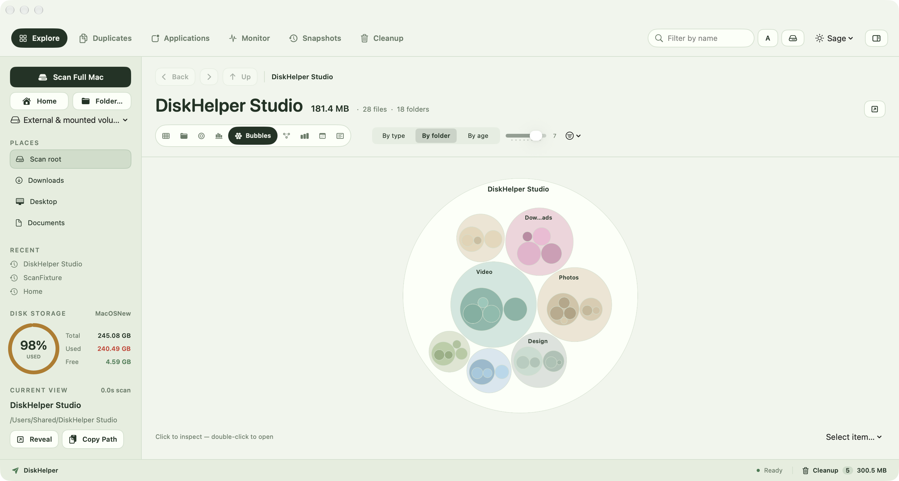 DiskHelper bubble chart with nested circles representing folder sizes.