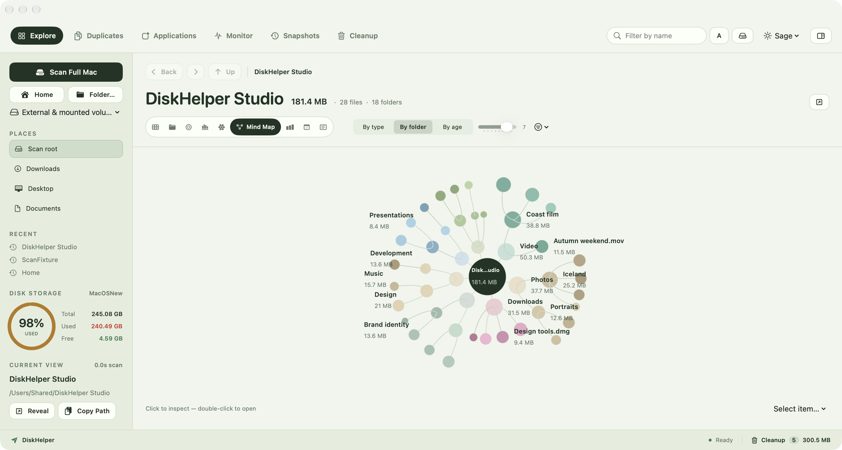 DiskHelper mind map branching outward from the scan root.