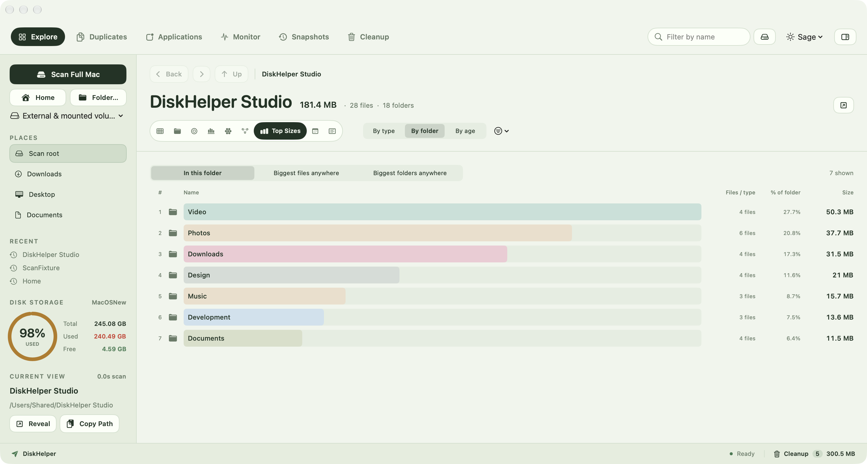 DiskHelper Top Sizes view ranking the largest files and folders.