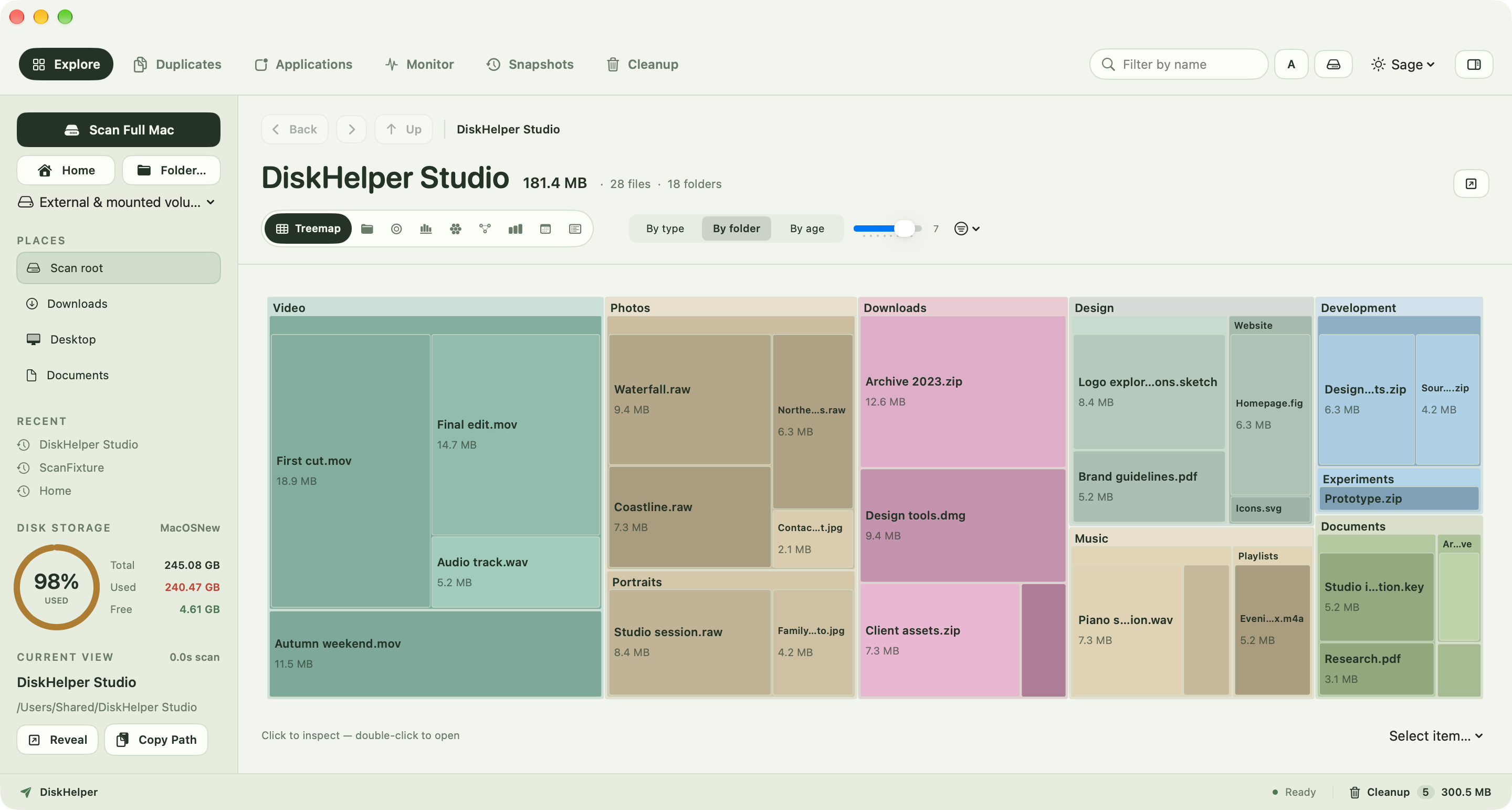 DiskHelper treemap where files are rectangles sized by disk usage.